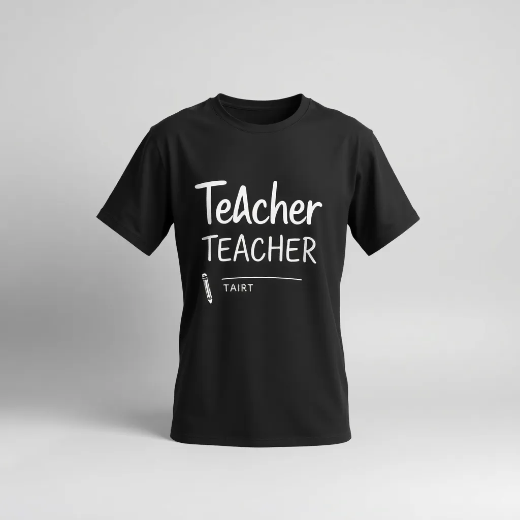 a t-shirt with teacher themed print, a t-shirt with short sleeves, static shot, fashion shirt, a shirt set against a solid-colored background, with contrast between background and shirt, on a solid light-gray studio background, realistic shirt concept