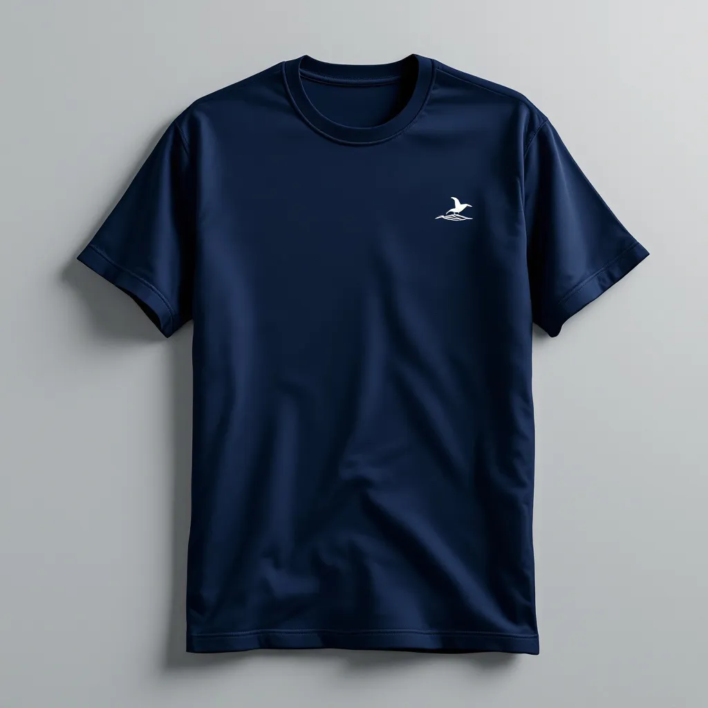 A themed t-shirt with a beach print. t-shirt with a company uniform featuring a small, elegant beach-themed logo, like a seagull or wave, on the left chest, set against a navy blue shirt for a professional appearance, a t-shirt with short sleeves, static shot, fashion shirt, a shirt set against a solid-colored background, with contrast between background and shirt, on a solid light-gray studio background, realistic shirt concept