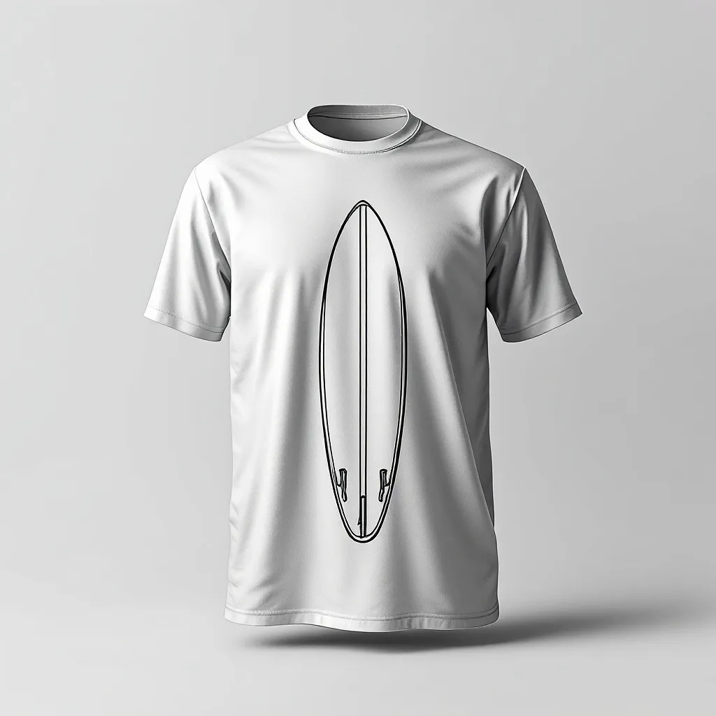 A themed t-shirt with a beach print. t-shirt with a simple black outline of a surfboard against a light gray background for a sleek, modern look that captures the essence of surfing, a t-shirt with short sleeves, static shot, fashion shirt, a shirt set against a solid-colored background, with contrast between background and shirt, on a solid light-gray studio background, realistic shirt concept