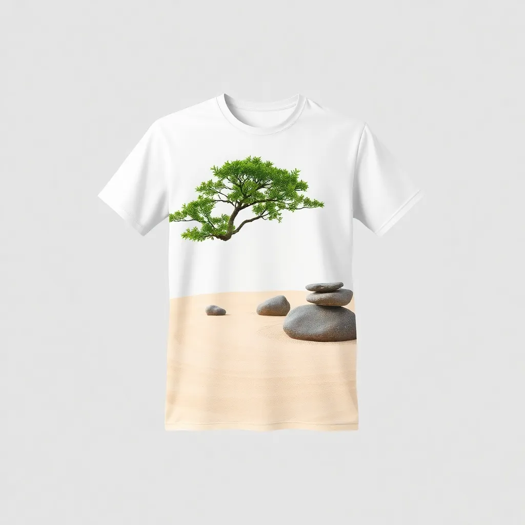 a t-shirt with t-shirt with a zen garden scene featuring carefully raked sand, smooth stones, and a bonsai tree, evoking tranquility with soft beige and green tones, a t-shirt with short sleeves, static shot, fashion shirt, a shirt set against a solid-colored background, with contrast between background and shirt, on a solid light-gray studio background, realistic shirt concept
