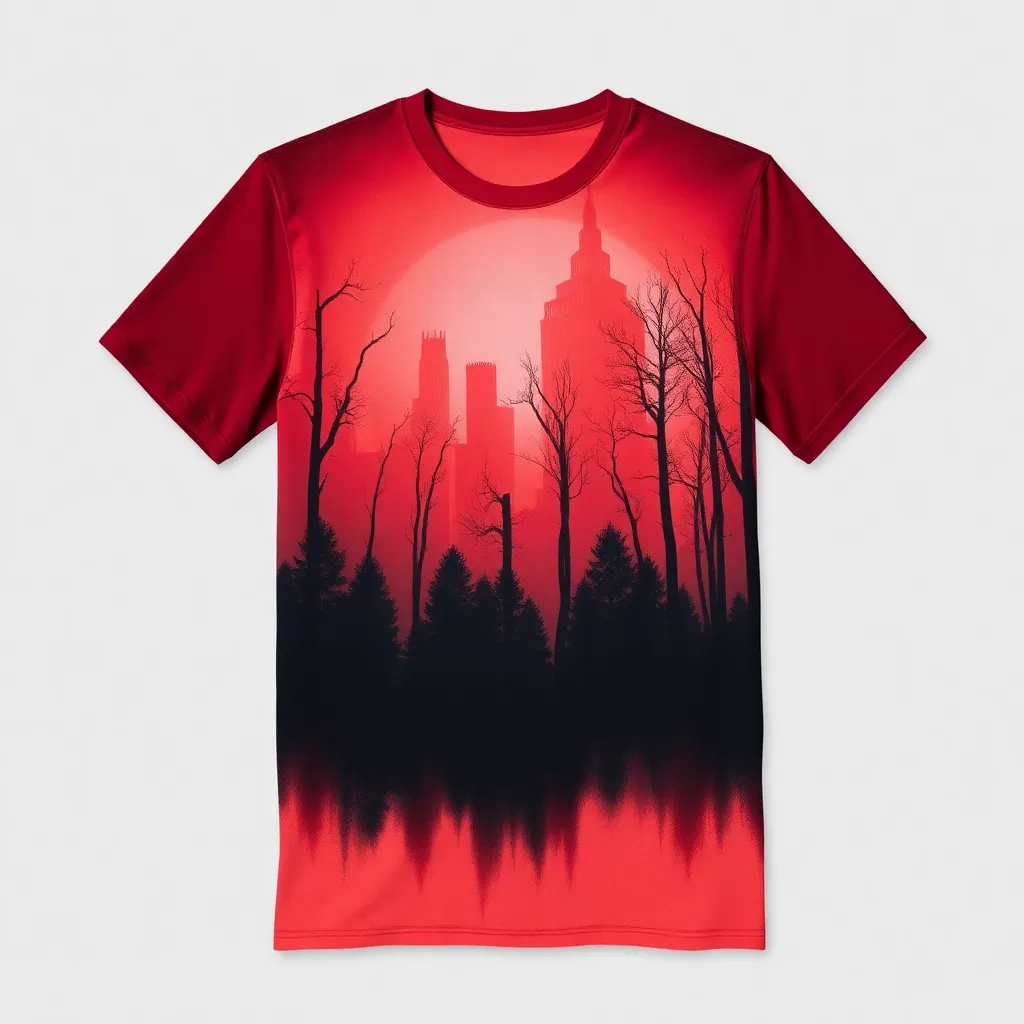 A themed t-shirt with a movies print. t-shirt with a horror film vibe, featuring eerie silhouettes in a misty forest, with red and black tones creating a suspenseful and chilling effect, a t-shirt with short sleeves, static shot, fashion shirt, a shirt set against a solid-colored background, with contrast between background and shirt, on a solid light-gray studio background, realistic shirt concept