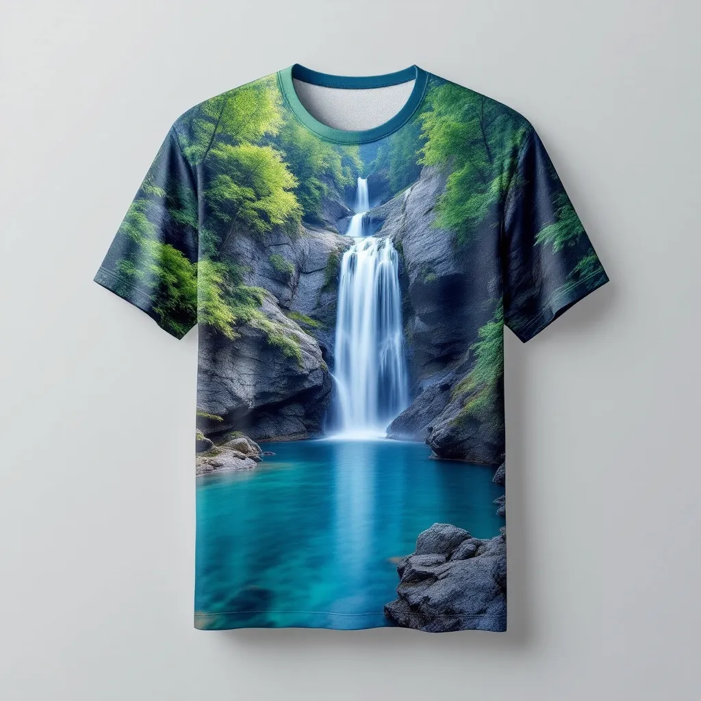 A themed t-shirt with a nature print. ``` 
't-shirt with a serene waterfall cascading over rocky cliffs into a tranquil pool, surrounded by lush greenery, using shades of blue and emerald for a calming effect, a t-shirt with short sleeves, static shot, fashion shirt, a shirt set against a solid-colored background, with contrast between background and shirt, on a solid light-gray studio background, realistic shirt concept