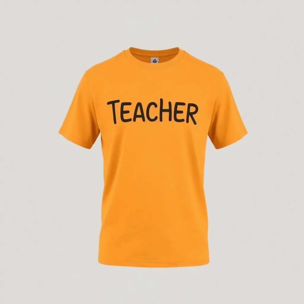 a t-shirt with teacher themed print, a t-shirt with short sleeves, static shot, fashion shirt, a shirt set against a solid-colored background, with contrast between background and shirt, on a solid light-gray studio background, realistic shirt concept