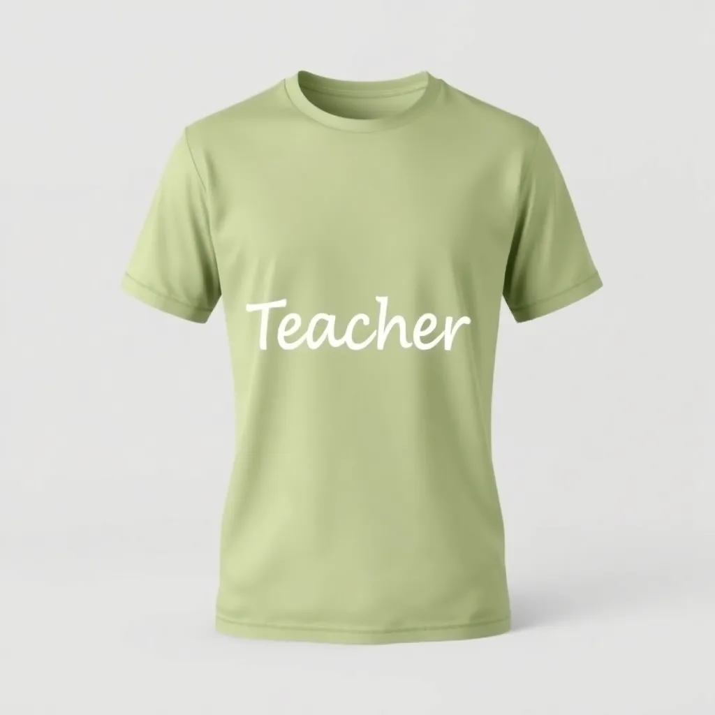 a t-shirt with teacher themed print, a t-shirt with short sleeves, static shot, fashion shirt, a shirt set against a solid-colored background, with contrast between background and shirt, on a solid light-gray studio background, realistic shirt concept