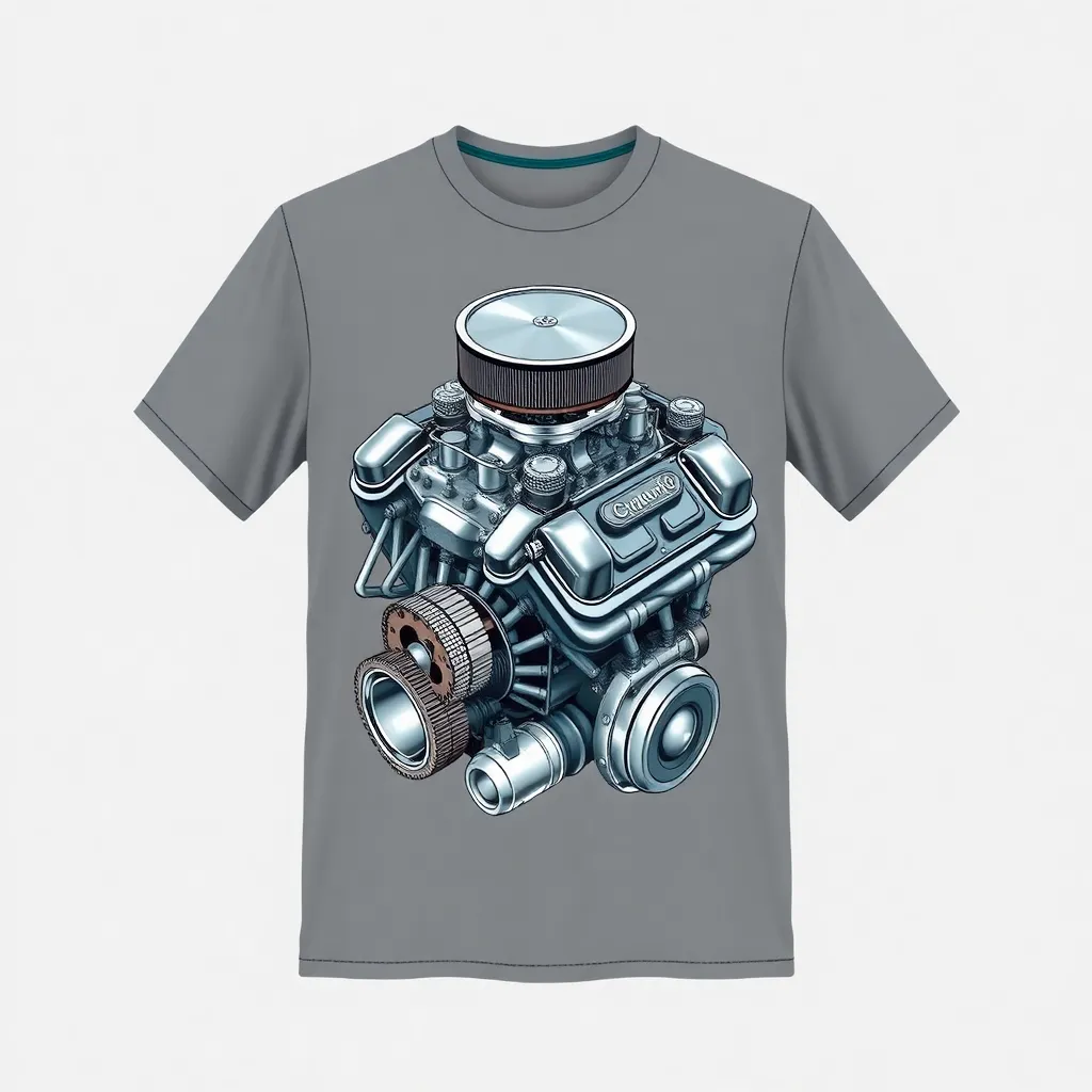 A themed t-shirt with a muscle car print. t-shirt with a vintage muscle car engine design, showcasing intricate chrome details and complex mechanical elements, in metallic grays and steely blues, a t-shirt with short sleeves, static shot, fashion shirt, a shirt set against a solid-colored background, with contrast between background and shirt, on a solid light-gray studio background, realistic shirt concept