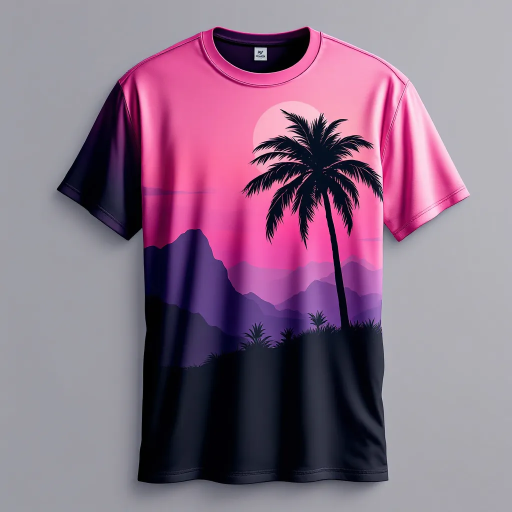 A themed t-shirt with a tree print. t-shirt with a single palm tree silhouette against a vibrant sunset, with pink and purple hues for a tropical and relaxing feel, a t-shirt with short sleeves, static shot, fashion shirt, a shirt set against a solid-colored background, with contrast between background and shirt, on a solid light-gray studio background, realistic shirt concept