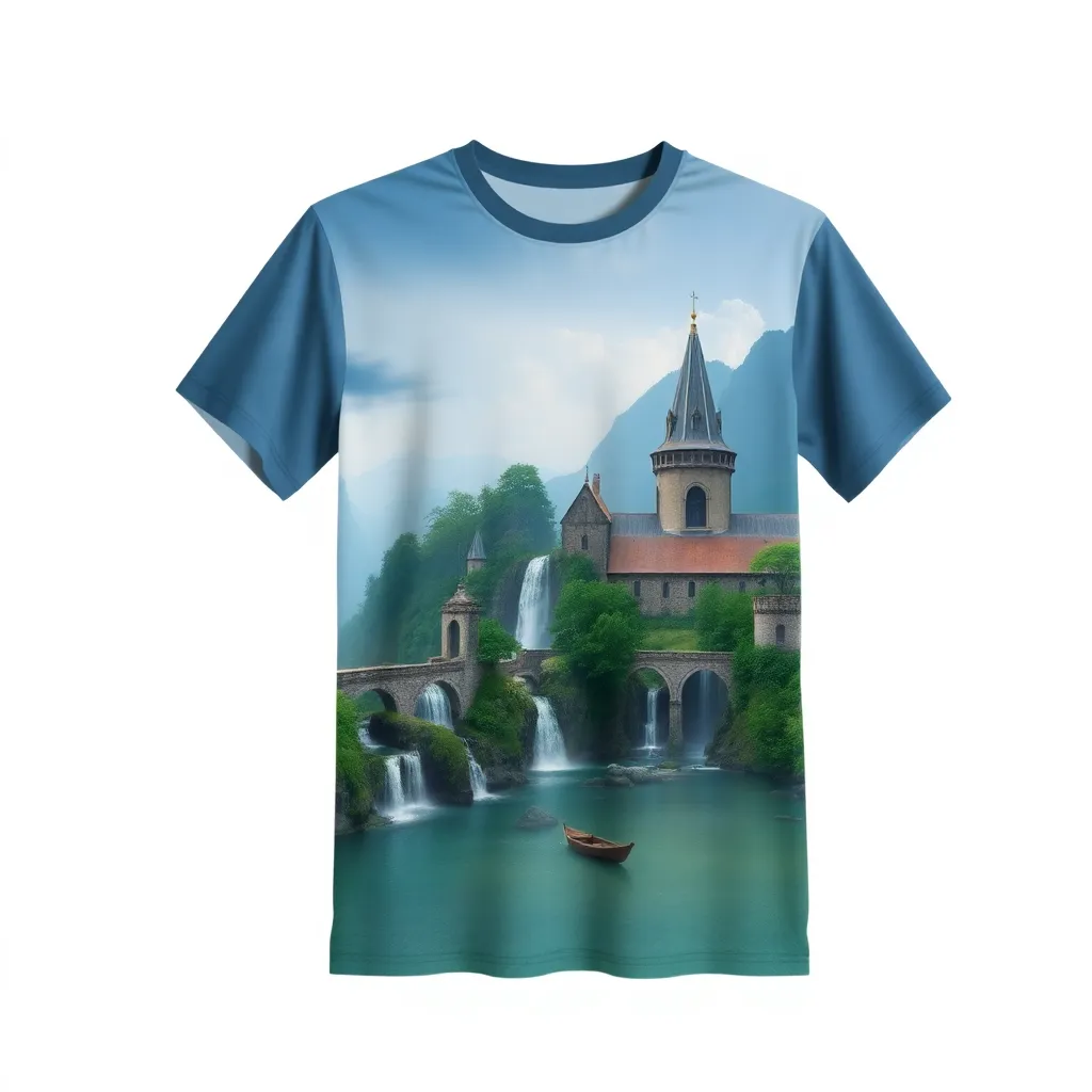 A themed t-shirt with a the lord of the rings print. t-shirt with a serene view of Rivendell, with cascading waterfalls, elegant elven architecture, and soft shades of blue and green, capturing a tranquil mood, a t-shirt with short sleeves, static shot, fashion shirt, a shirt set against a solid-colored background, with contrast between background and shirt, on a solid light-gray studio background, realistic shirt concept