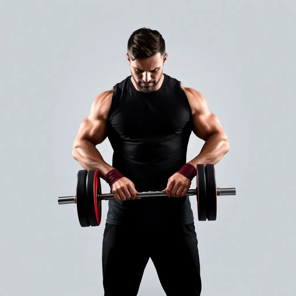 a t-shirt with Workout:

't-shirt with a muscular athlete mid-deadlift in a gym setting, sweat glistening under bright lights, using a black and red color palette to emphasize strength and intensity, a t-shirt with short sleeves, static shot, fashion shirt, a shirt set against a solid-colored background, with contrast between background and shirt, on a solid light-gray studio background, realistic shirt concept