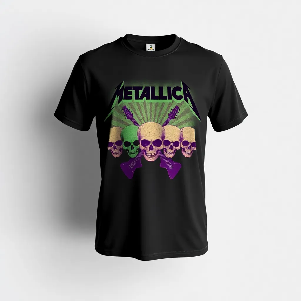a t-shirt with t-shirt with a vintage poster style featuring Metallica’s skulls and crossed guitars in various shades of green and purple, set against a worn background for a retro look, a t-shirt with short sleeves, static shot, fashion shirt, a shirt set against a solid-colored background, with contrast between background and shirt, on a solid light-gray studio background, realistic shirt concept