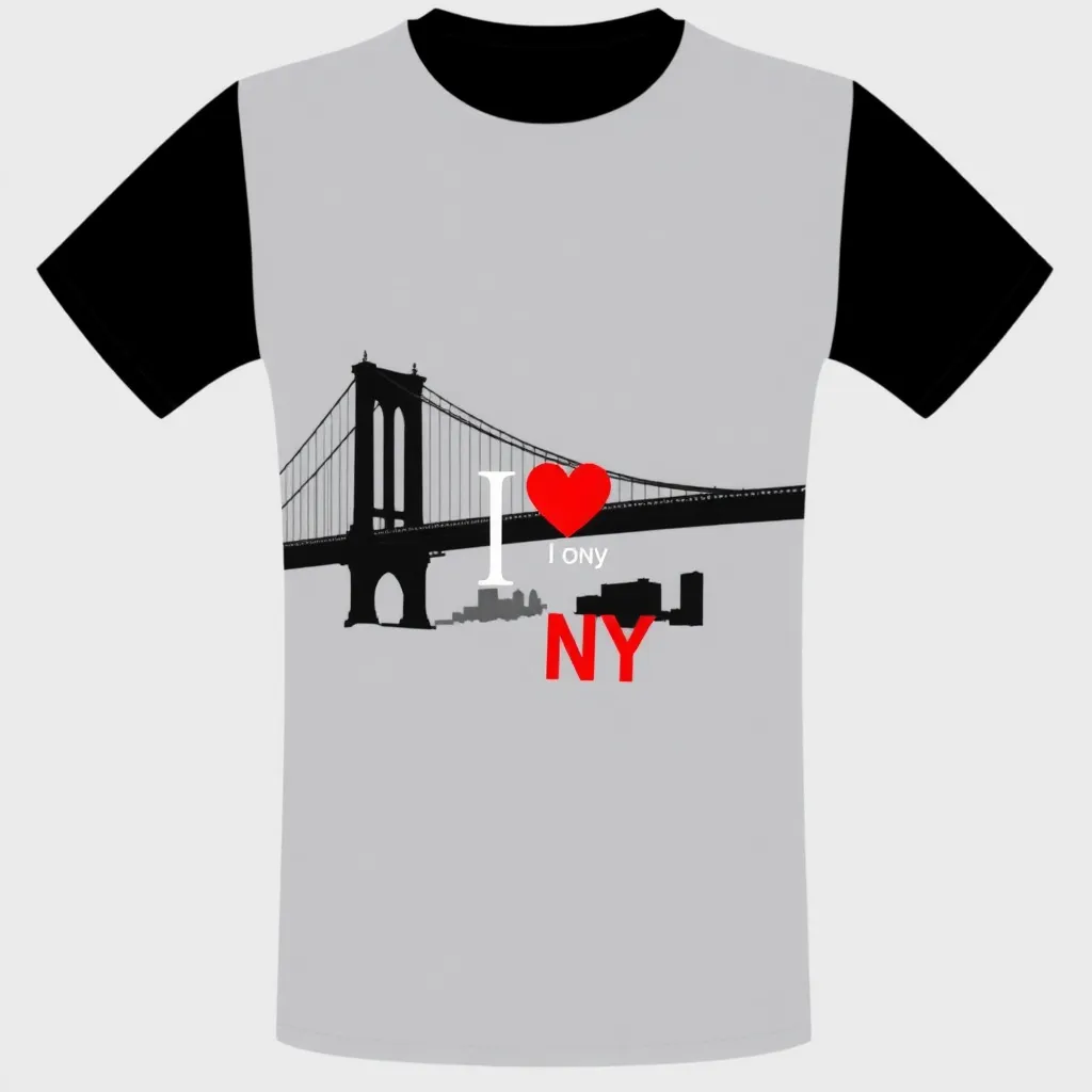 a t-shirt with t-shirt with a silhouette of the Brooklyn Bridge and a small "I Love NY" in red, highlighting one of New York's most famous landmarks in a monochrome palette, a t-shirt with short sleeves, static shot, fashion shirt, a shirt set against a solid-colored background, with contrast between background and shirt, on a solid light-gray studio background, realistic shirt concept