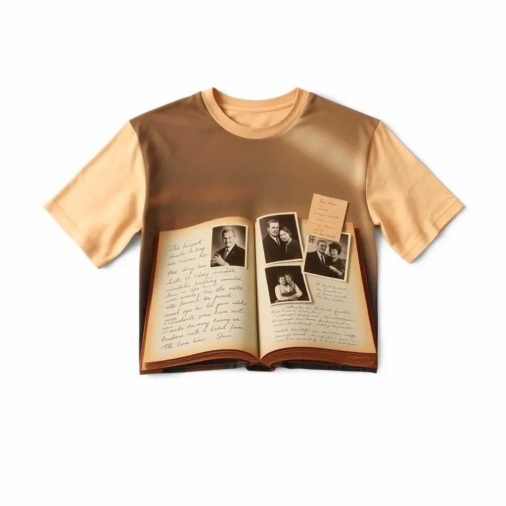 a t-shirt with t-shirt with an image of an old family photo album open on a table, with sepia-toned pictures and handwritten messages, evoking a sense of history and memory, a t-shirt with short sleeves, static shot, fashion shirt, a shirt set against a solid-colored background, with contrast between background and shirt, on a solid light-gray studio background, realistic shirt concept
