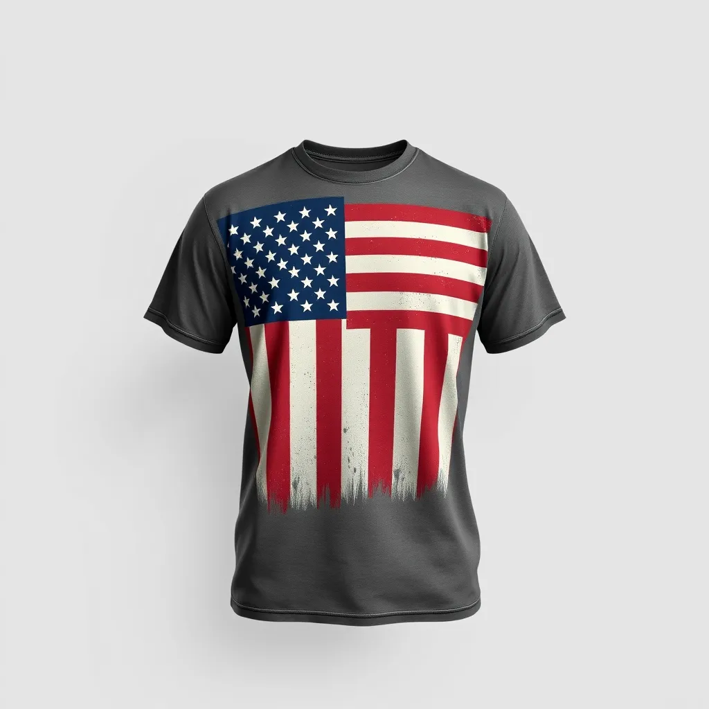 a t-shirt with t-shirt with a vintage-style American flag with a slightly faded and distressed look, capturing a sense of history and tradition, a t-shirt with short sleeves, static shot, fashion shirt, a shirt set against a solid-colored background, with contrast between background and shirt, on a solid light-gray studio background, realistic shirt concept