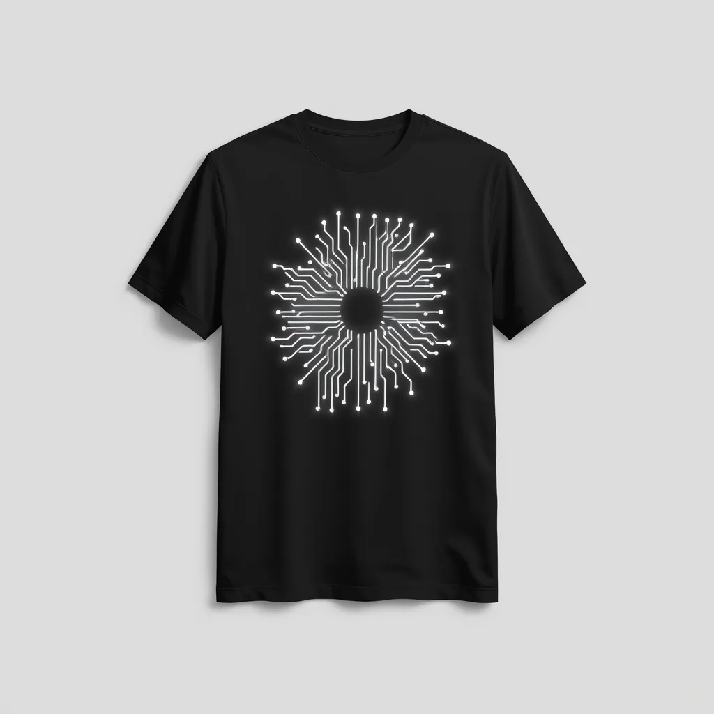 a t-shirt with t-shirt with a minimalist design featuring a single, glowing circuit board icon in white on a solid black or dark gray background, for a sleek and modern look, a t-shirt with short sleeves, static shot, fashion shirt, a shirt set against a solid-colored background, with contrast between background and shirt, on a solid light-gray studio background, realistic shirt concept