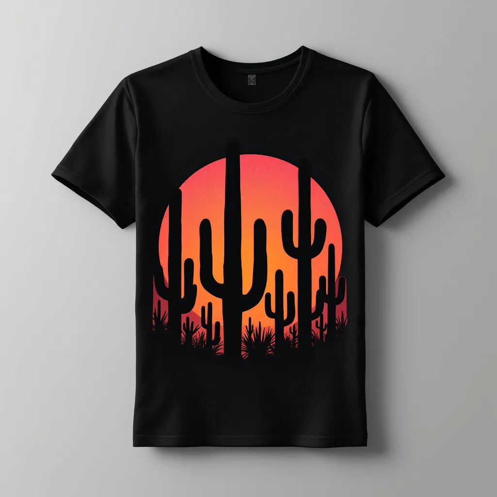 A themed t-shirt with a cactus print. t-shirt with a silhouette of several cacti in a row, with sunrise hues peeking between the columns, on a black or dark shirt for a striking silhouette design, a t-shirt with short sleeves, static shot, fashion shirt, a shirt set against a solid-colored background, with contrast between background and shirt, on a solid light-gray studio background, realistic shirt concept