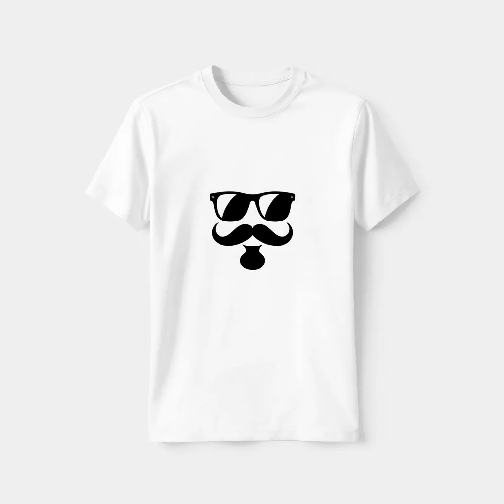 a t-shirt with t-shirt with a minimalist face of a man with a large mustache and sunglasses, set on a plain white shirt for a clean and whimsical look, a t-shirt with short sleeves, static shot, fashion shirt, a shirt set against a solid-colored background, with contrast between background and shirt, on a solid light-gray studio background, realistic shirt concept