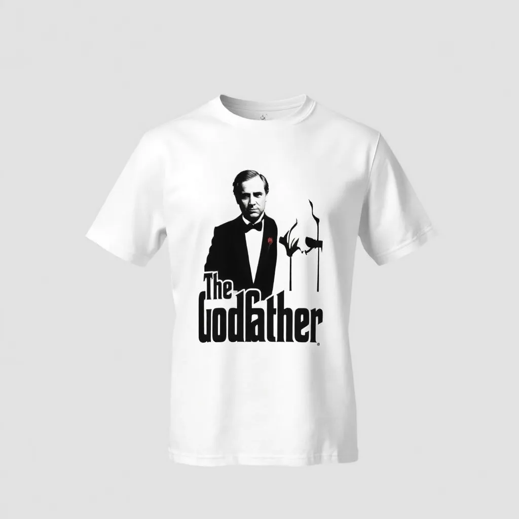 A themed t-shirt with a the godfather print. A t-shirt with a the godfather print, a t-shirt with short sleeves, static shot, fashion shirt, a shirt set against a solid-colored background, with contrast between background and shirt, on a solid light-gray studio background, realistic shirt concept