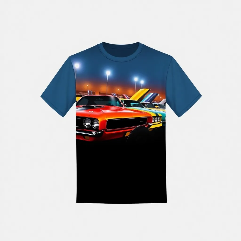 A themed t-shirt with a muscle car print. t-shirt with a row of muscle cars lined up at a car show, their surfaces gleaming under bright lights, with vibrant colors like red, yellow, and blue reflecting excitement and energy, a t-shirt with short sleeves, static shot, fashion shirt, a shirt set against a solid-colored background, with contrast between background and shirt, on a solid light-gray studio background, realistic shirt concept