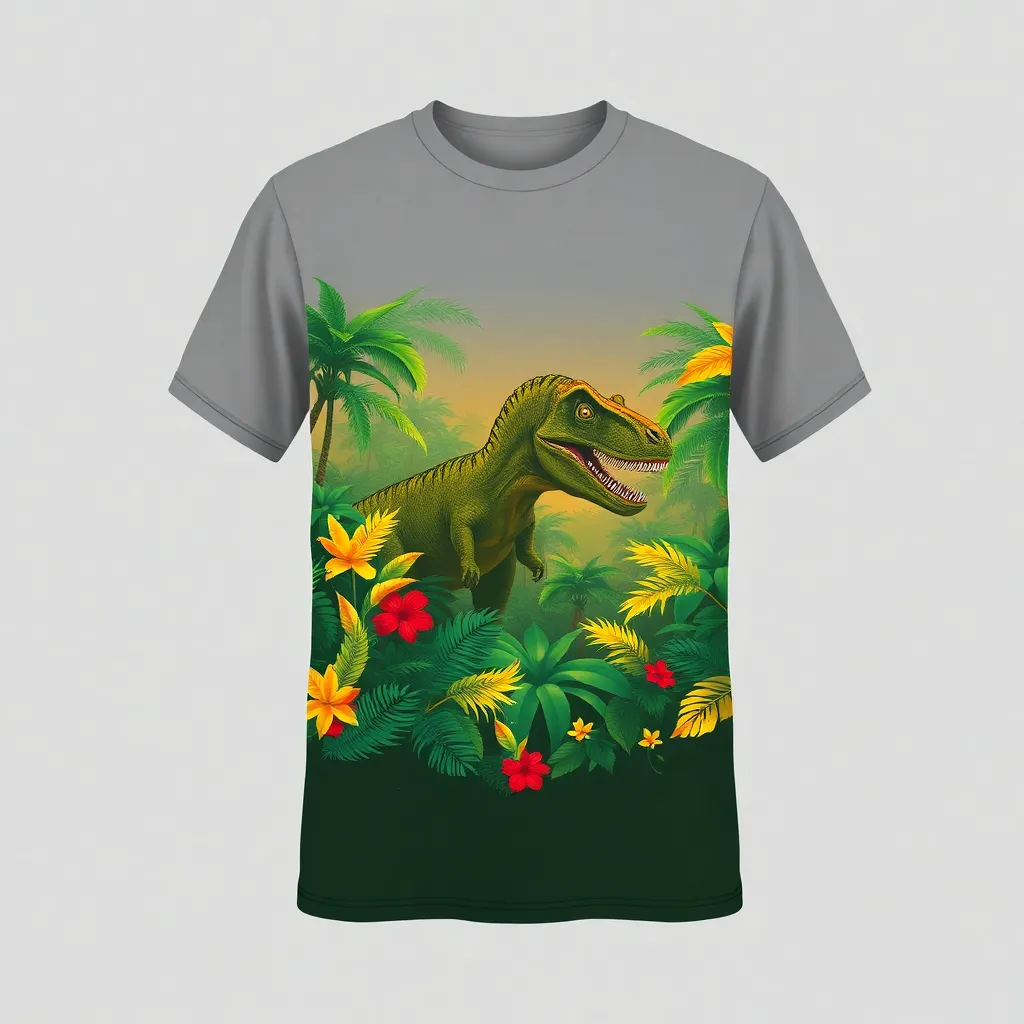 A themed t-shirt with a jurassic park print. t-shirt with a vibrant depiction of a dilophosaurus amidst a colorful rainforest, using bold greens and yellows with touches of red for an eye-catching appearance, a t-shirt with short sleeves, static shot, fashion shirt, a shirt set against a solid-colored background, with contrast between background and shirt, on a solid light-gray studio background, realistic shirt concept