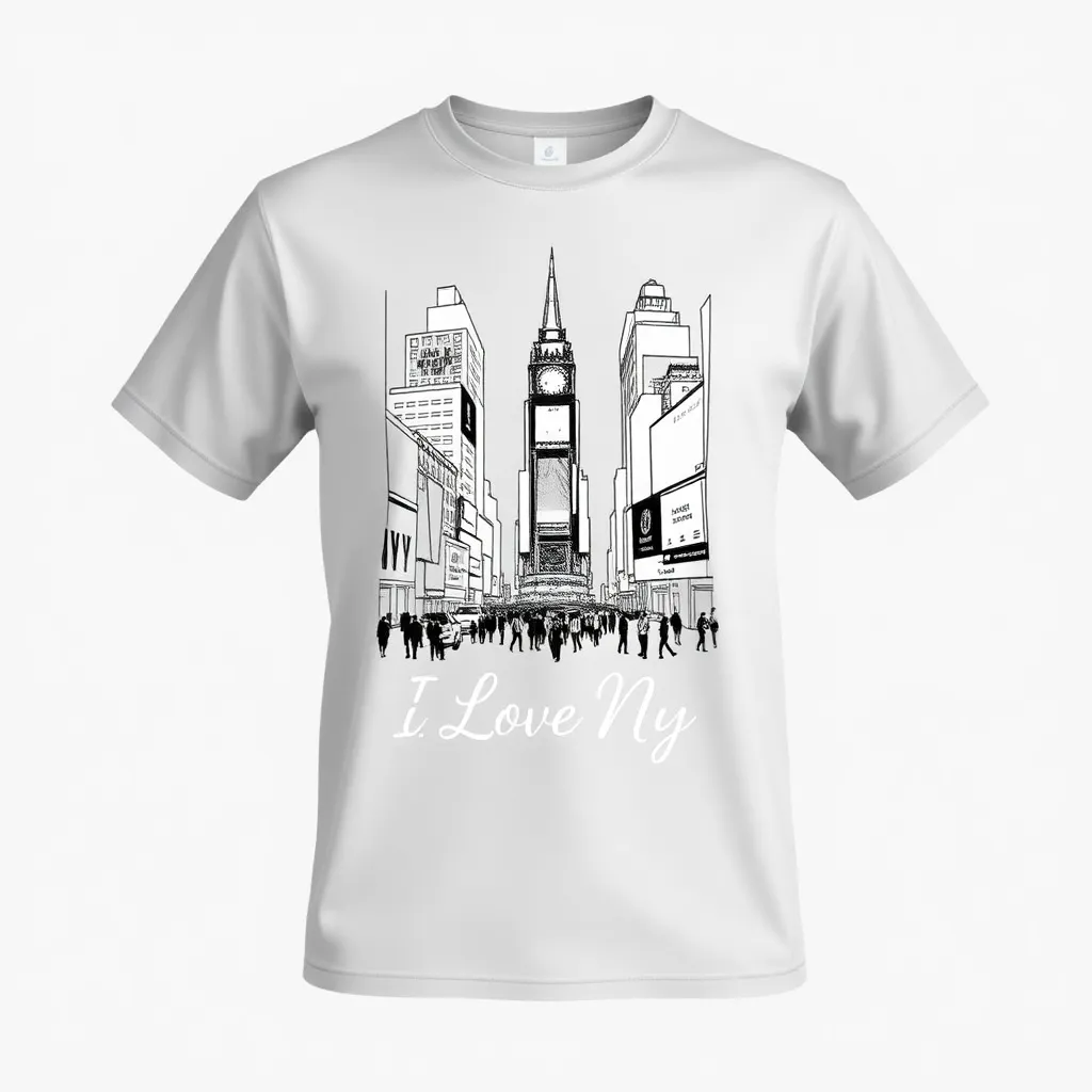 a t-shirt with t-shirt with a black-and-white sketch of Times Square, "I Love NY" text subtly incorporated at the bottom, creating a nostalgic feel with a modern twist, a t-shirt with short sleeves, static shot, fashion shirt, a shirt set against a solid-colored background, with contrast between background and shirt, on a solid light-gray studio background, realistic shirt concept
