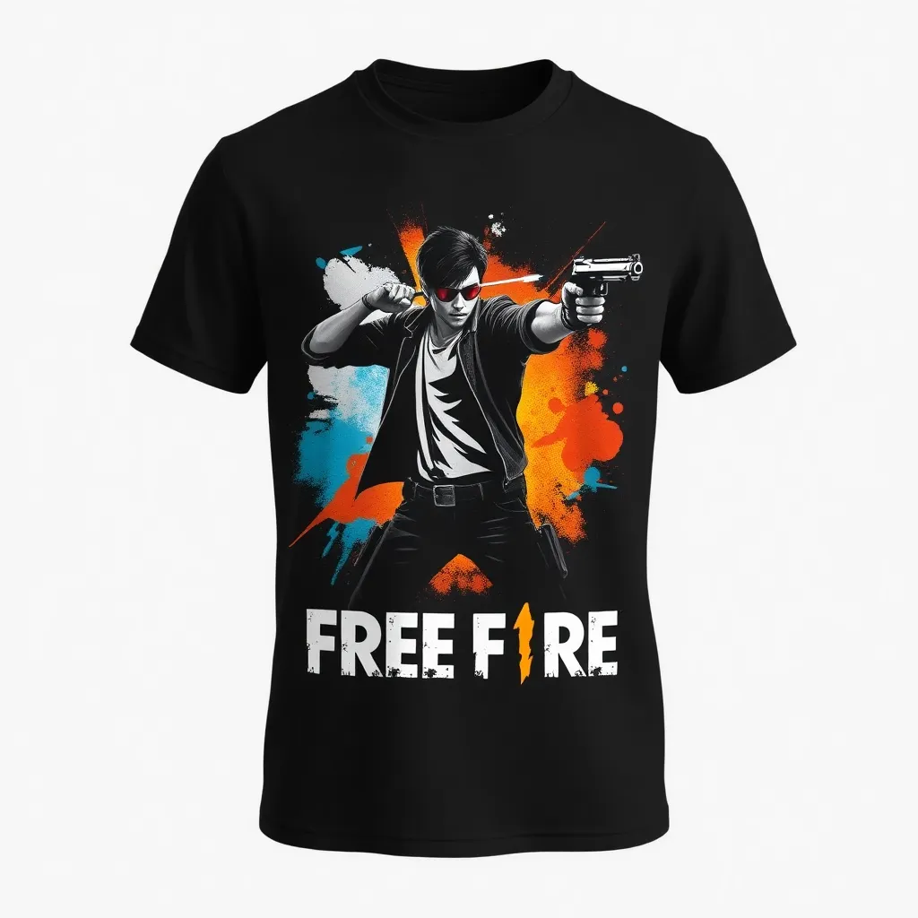 A themed t-shirt with a free fire print. t-shirt with an iconic "Free Fire" character striking a heroic pose, set against a minimalist background with splashes of neon blue and orange to highlight the action-packed feel, a t-shirt with short sleeves, static shot, fashion shirt, a shirt set against a solid-colored background, with contrast between background and shirt, on a solid light-gray studio background, realistic shirt concept