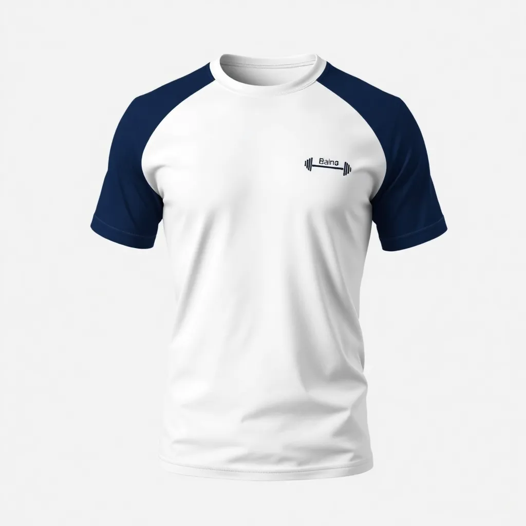 a t-shirt with t-shirt with a company uniform featuring a small, detailed barbell logo on the left chest, using navy blue on a white shirt for a professional and branded look, a t-shirt with short sleeves, static shot, fashion shirt, a shirt set against a solid-colored background, with contrast between background and shirt, on a solid light-gray studio background, realistic shirt concept