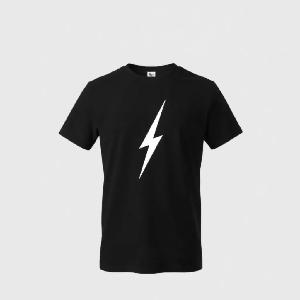 A themed t-shirt with a harry potter print. t-shirt with a minimalist lightning bolt scar design in white, subtly placed on a black shirt, for a simple yet iconic reference to Harry Potter, a t-shirt with short sleeves, static shot, fashion shirt, a shirt set against a solid-colored background, with contrast between background and shirt, on a solid light-gray studio background, realistic shirt concept