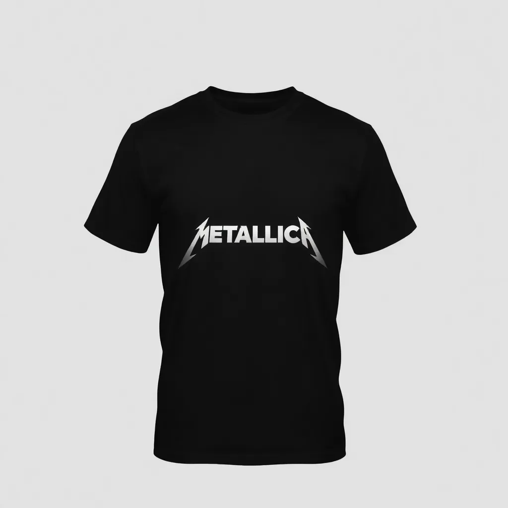 a t-shirt with t-shirt with a small, minimalist Metallica logo on the left side of the chest in metallic silver, set against a solid black shirt, for a sleek, professional design, a t-shirt with short sleeves, static shot, fashion shirt, a shirt set against a solid-colored background, with contrast between background and shirt, on a solid light-gray studio background, realistic shirt concept