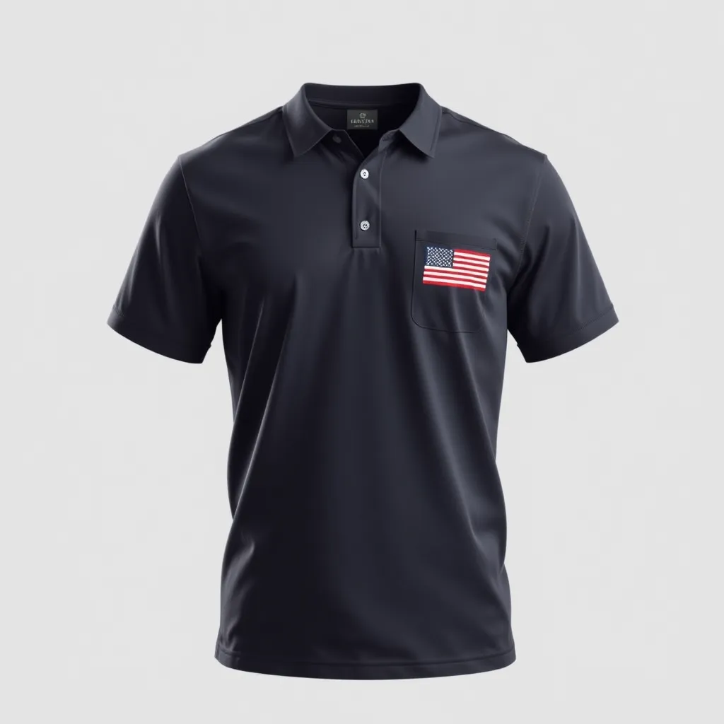 a t-shirt with t-shirt with a company uniform with a small, embroidered American flag logo on the left chest, set against a white or dark blue shirt for a professional appearance, a t-shirt with short sleeves, static shot, fashion shirt, a shirt set against a solid-colored background, with contrast between background and shirt, on a solid light-gray studio background, realistic shirt concept