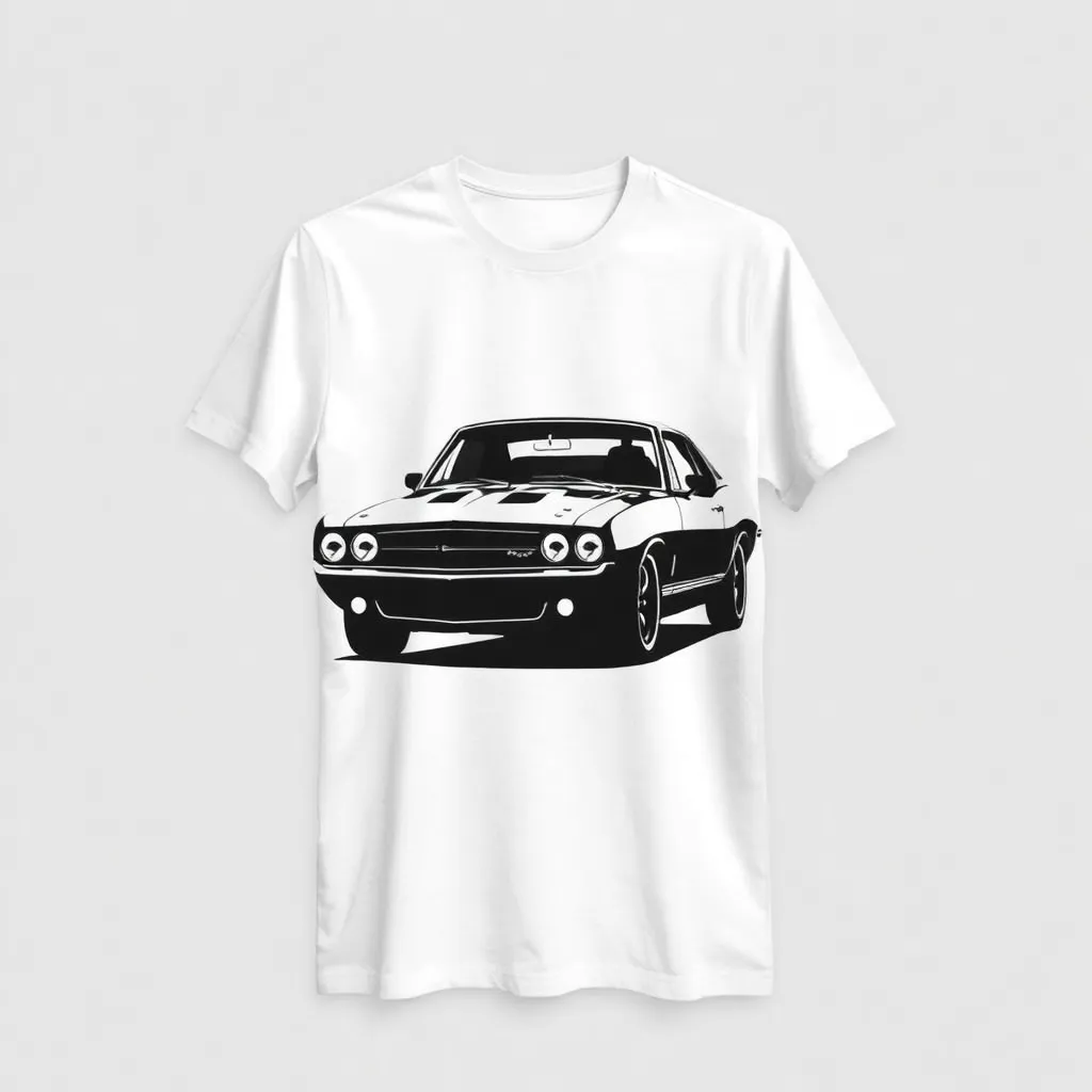 A themed t-shirt with a muscle car print. t-shirt with a minimalist profile of a muscle car in all black, centered on a crisp white shirt, for a sharp and stylish automotive look, a t-shirt with short sleeves, static shot, fashion shirt, a shirt set against a solid-colored background, with contrast between background and shirt, on a solid light-gray studio background, realistic shirt concept