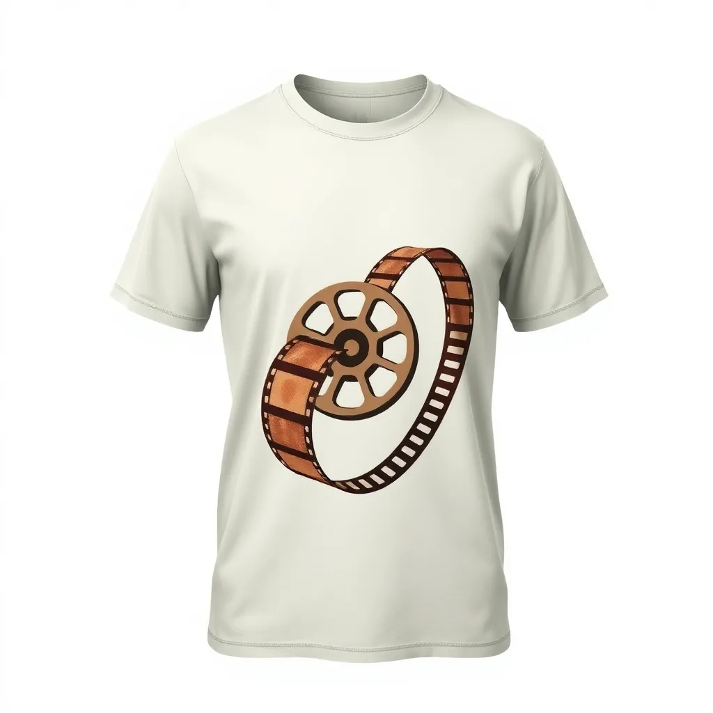 A themed t-shirt with a cinema print. Cinema:

't-shirt with a classic film reel unwinding, spilling its frames across the front in a nostalgic sepia tone, capturing the essence of vintage cinema, a t-shirt with short sleeves, static shot, fashion shirt, a shirt set against a solid-colored background, with contrast between background and shirt, on a solid light-gray studio background, realistic shirt concept