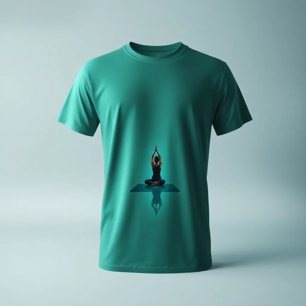 a t-shirt with t-shirt with a calm scene of yoga practice in a gym, with green and blue tones reflecting a peaceful and focused mood, capturing the serene side of fitness, a t-shirt with short sleeves, static shot, fashion shirt, a shirt set against a solid-colored background, with contrast between background and shirt, on a solid light-gray studio background, realistic shirt concept