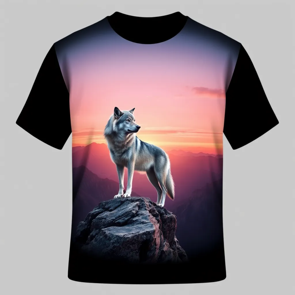 a t-shirt with t-shirt with a wild wolf with silver fur standing on a cliff overlooking a vast mountain range, bathed in the soft pink and orange glow of a sunset, a t-shirt with short sleeves, static shot, fashion shirt, a shirt set against a solid-colored background, with contrast between background and shirt, on a solid light-gray studio background, realistic shirt concept