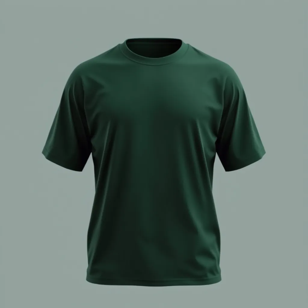 a t-shirt with t-shirt with a minimalist gear design on the left side of the chest in white, against a solid dark green shirt, maintaining simplicity and style, a t-shirt with short sleeves, static shot, fashion shirt, a shirt set against a solid-colored background, with contrast between background and shirt, on a solid light-gray studio background, realistic shirt concept
