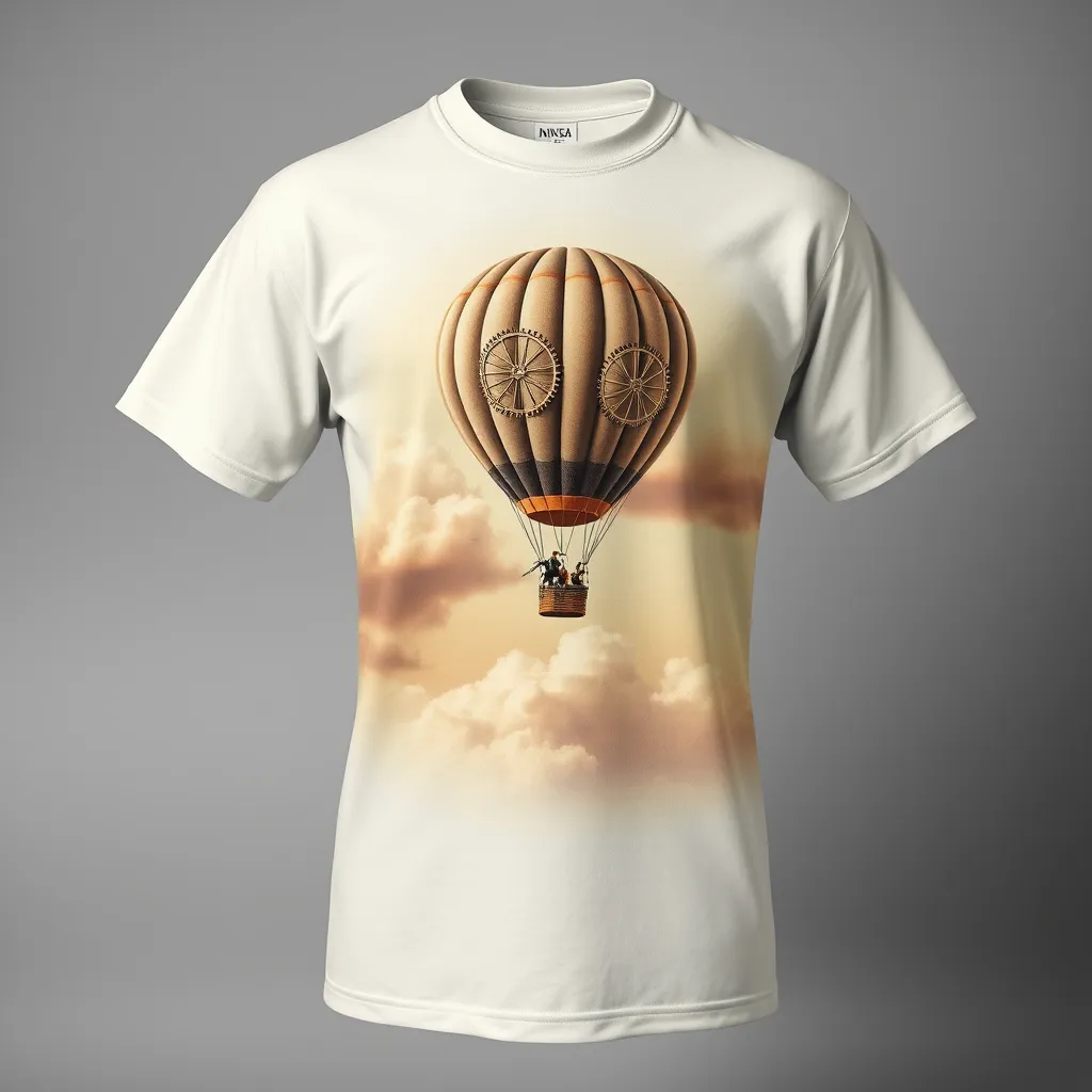 a t-shirt with t-shirt with a vintage hot air balloon with clockwork elements, floating in front of a sky filled with cogwheel clouds, illuminated by warm sepia tones, a t-shirt with short sleeves, static shot, fashion shirt, a shirt set against a solid-colored background, with contrast between background and shirt, on a solid light-gray studio background, realistic shirt concept