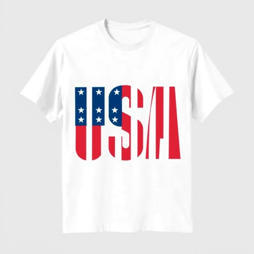 a t-shirt with t-shirt with a modern and sleek 'USA' text design in block letters, with red, white, and blue stripes running through the text on a plain white shirt, a t-shirt with short sleeves, static shot, fashion shirt, a shirt set against a solid-colored background, with contrast between background and shirt, on a solid light-gray studio background, realistic shirt concept