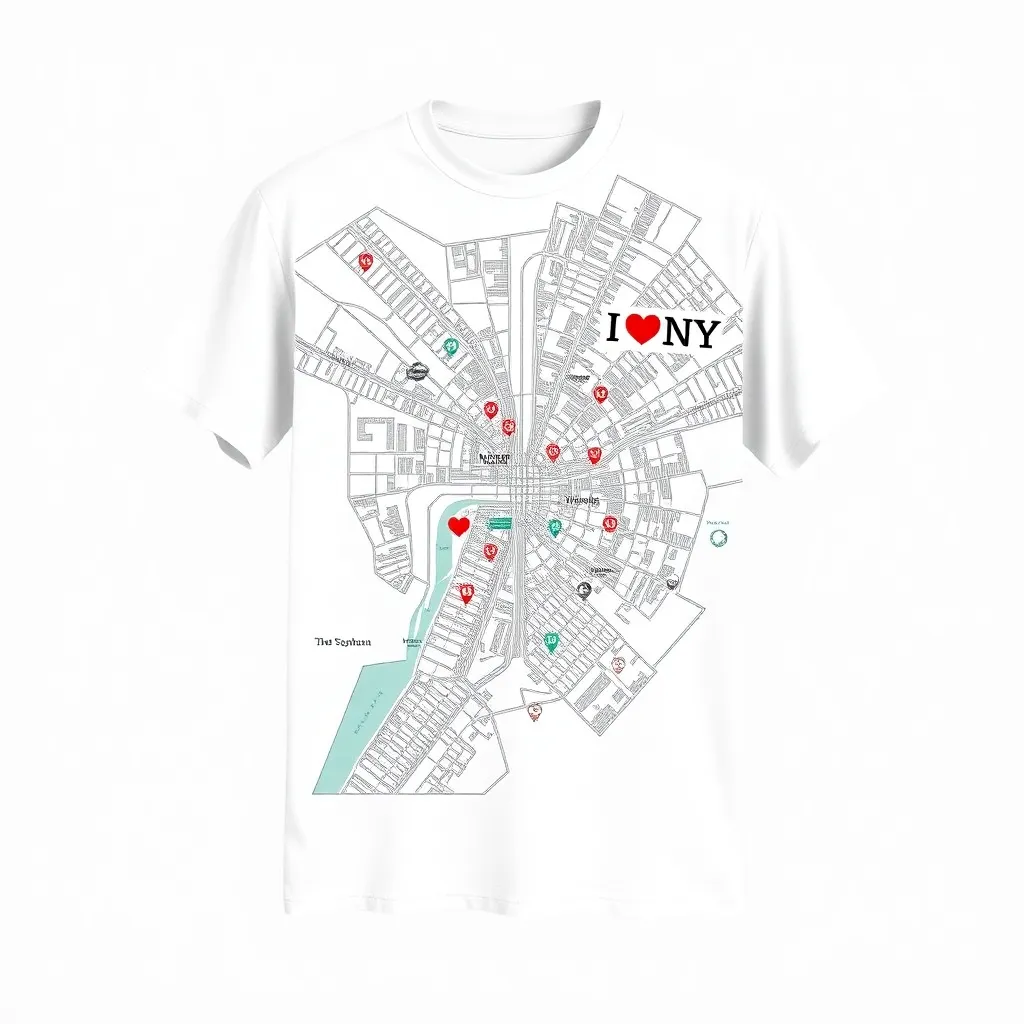 a t-shirt with t-shirt with a detailed map of Manhattan with notable landmarks highlighted and "I Love NY" placed at the corner, ideal for an urban explorer aesthetic, a t-shirt with short sleeves, static shot, fashion shirt, a shirt set against a solid-colored background, with contrast between background and shirt, on a solid light-gray studio background, realistic shirt concept