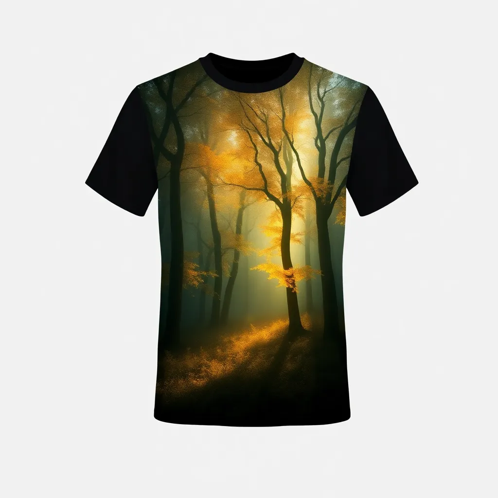 A themed t-shirt with a the lord of the rings print. t-shirt with an enchanting forest of Lothlórien with glowing golden leaves and ethereal light, creating a calm and mystical atmosphere, a t-shirt with short sleeves, static shot, fashion shirt, a shirt set against a solid-colored background, with contrast between background and shirt, on a solid light-gray studio background, realistic shirt concept