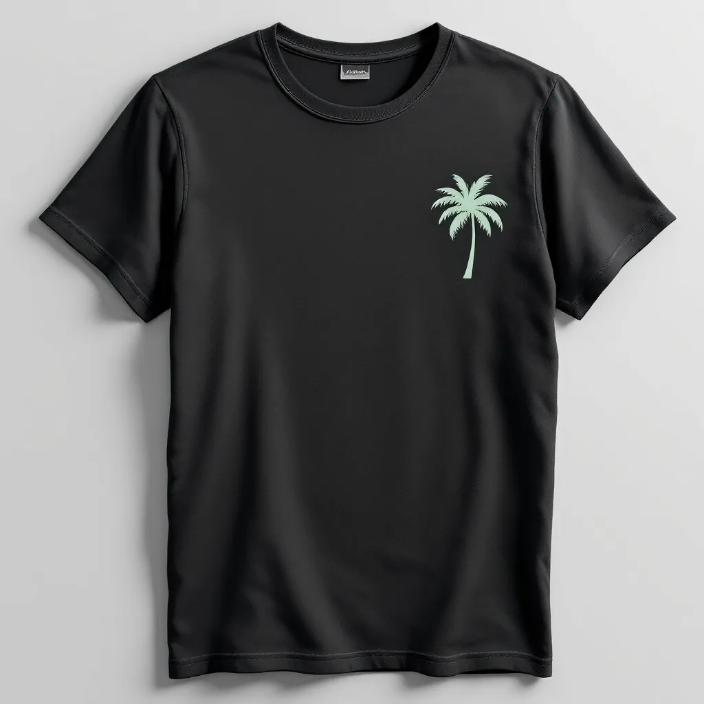 A themed t-shirt with a beach print. t-shirt with a small, minimalist palm tree design in light green on the upper corner of a plain white shirt, representing tropical relaxation and simplicity, a t-shirt with short sleeves, static shot, fashion shirt, a shirt set against a solid-colored background, with contrast between background and shirt, on a solid light-gray studio background, realistic shirt concept