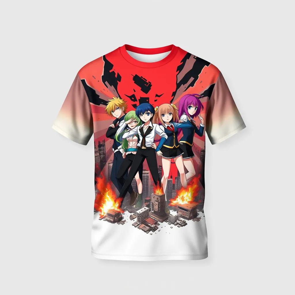 a t-shirt with t-shirt with a group of anime characters in a heroic pose, featuring bright, vibrant hair colors and matching outfits, set against a city in chaos with buildings collapsing, a t-shirt with short sleeves, static shot, fashion shirt, a shirt set against a solid-colored background, with contrast between background and shirt, on a solid light-gray studio background, realistic shirt concept