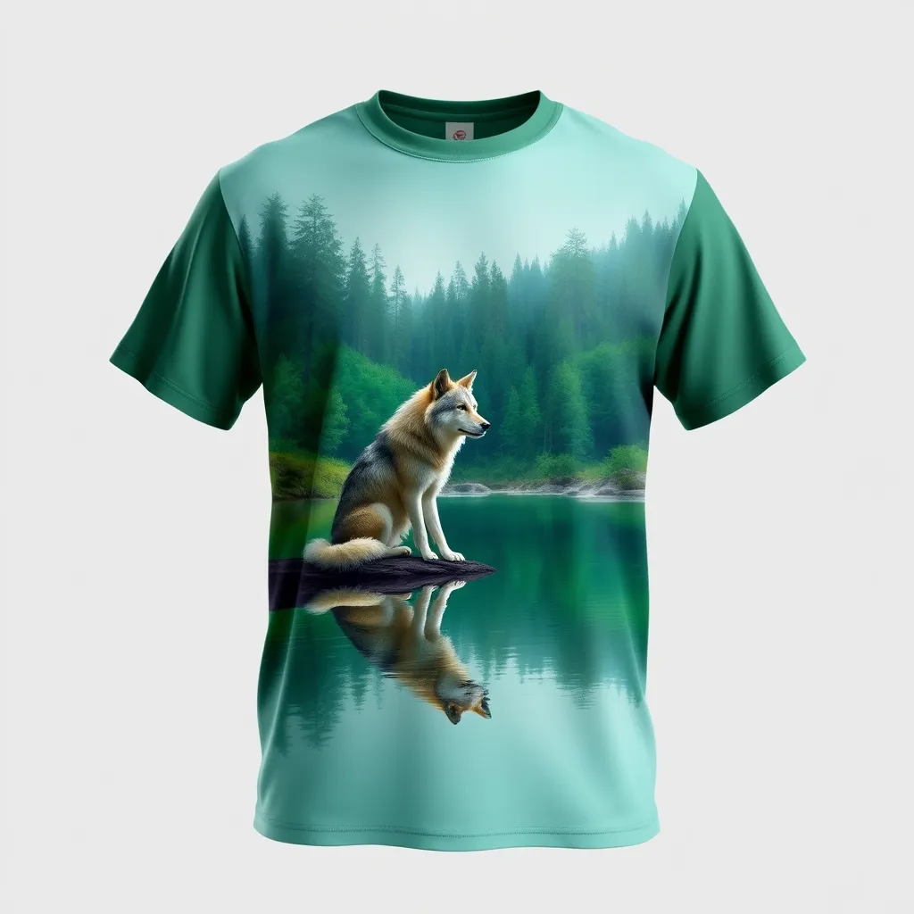 a t-shirt with t-shirt with a calm wolf sitting by a serene river, with green and blue tones reflecting the lush forest and clear water in the background, capturing a peaceful mood, a t-shirt with short sleeves, static shot, fashion shirt, a shirt set against a solid-colored background, with contrast between background and shirt, on a solid light-gray studio background, realistic shirt concept