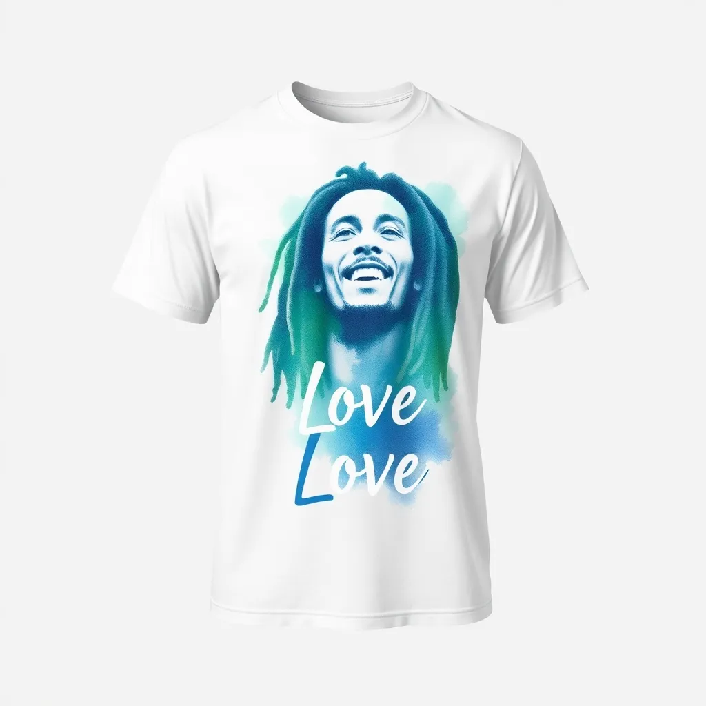 a t-shirt with t-shirt with a watercolor design of Bob Marley and the iconic "One Love" message, using soft blues and greens to evoke a serene, peaceful mood, a t-shirt with short sleeves, static shot, fashion shirt, a shirt set against a solid-colored background, with contrast between background and shirt, on a solid light-gray studio background, realistic shirt concept