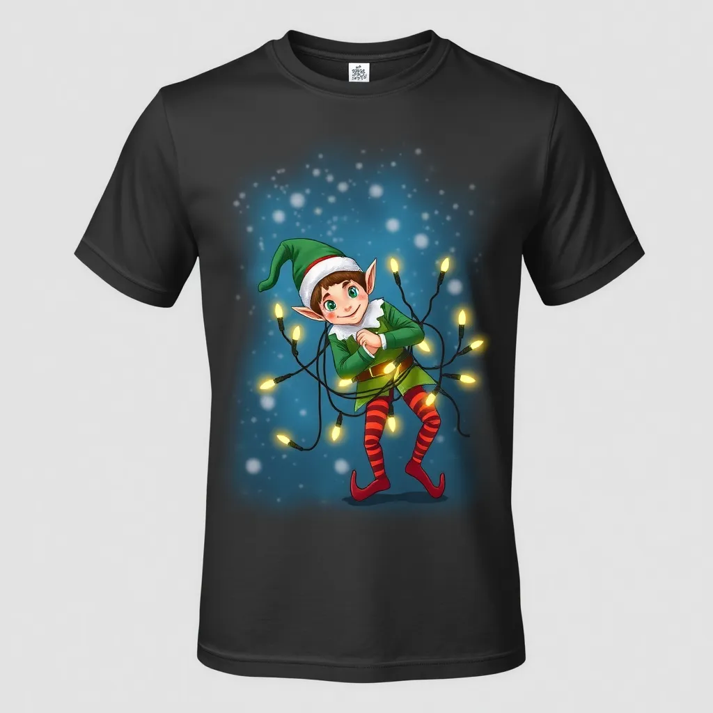 a t-shirt with t-shirt with a humorous elf tangled in Christmas lights, trying to untangle himself, set against a sparkling winter night sky in shades of blue and yellow, a t-shirt with short sleeves, static shot, fashion shirt, a shirt set against a solid-colored background, with contrast between background and shirt, on a solid light-gray studio background, realistic shirt concept