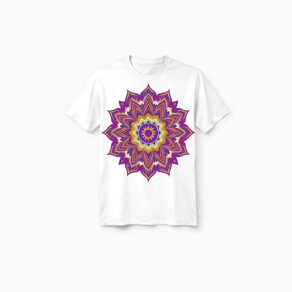 a t-shirt with t-shirt with a vibrant mandala pattern, with intricate detailing in shades of purple, blue, and gold, centered on a white shirt to create a harmonious vibe, a t-shirt with short sleeves, static shot, fashion shirt, a shirt set against a solid-colored background, with contrast between background and shirt, on a solid light-gray studio background, realistic shirt concept