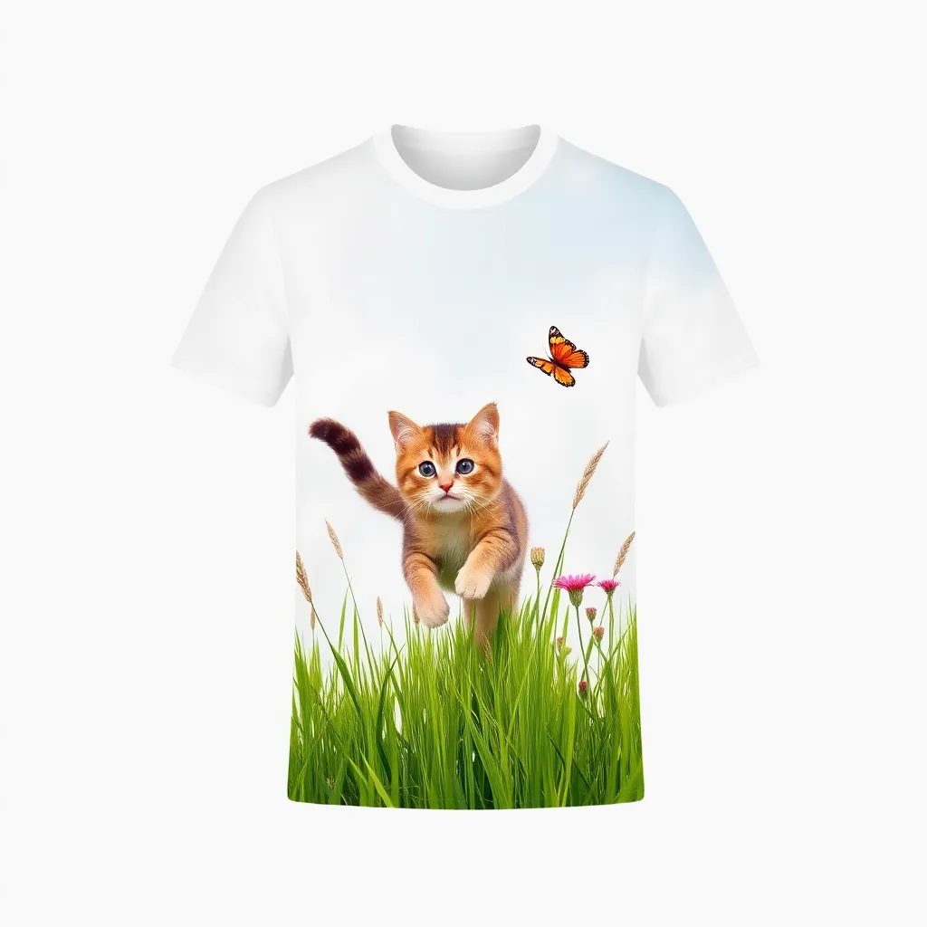 A themed t-shirt with a cats print. t-shirt with a whimsical cat chasing a bright red butterfly through a field of tall green grass, capturing a sense of fun and adventure in a natural setting, a t-shirt with short sleeves, static shot, fashion shirt, a shirt set against a solid-colored background, with contrast between background and shirt, on a solid light-gray studio background, realistic shirt concept