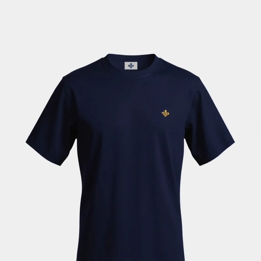 a t-shirt with t-shirt with a company uniform featuring a small, elegant vintage logo embroidered on the left side of the chest, with a muted navy background for a timeless, professional look, a t-shirt with short sleeves, static shot, fashion shirt, a shirt set against a solid-colored background, with contrast between background and shirt, on a solid light-gray studio background, realistic shirt concept