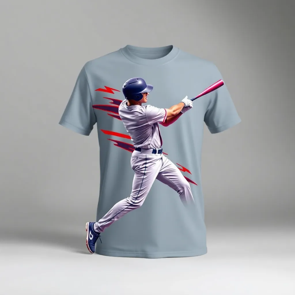 a t-shirt with t-shirt with an intense action shot of a baseball player swinging for a home run, with dynamic motion lines and vibrant red and blue colors to capture excitement, a t-shirt with short sleeves, static shot, fashion shirt, a shirt set against a solid-colored background, with contrast between background and shirt, on a solid light-gray studio background, realistic shirt concept