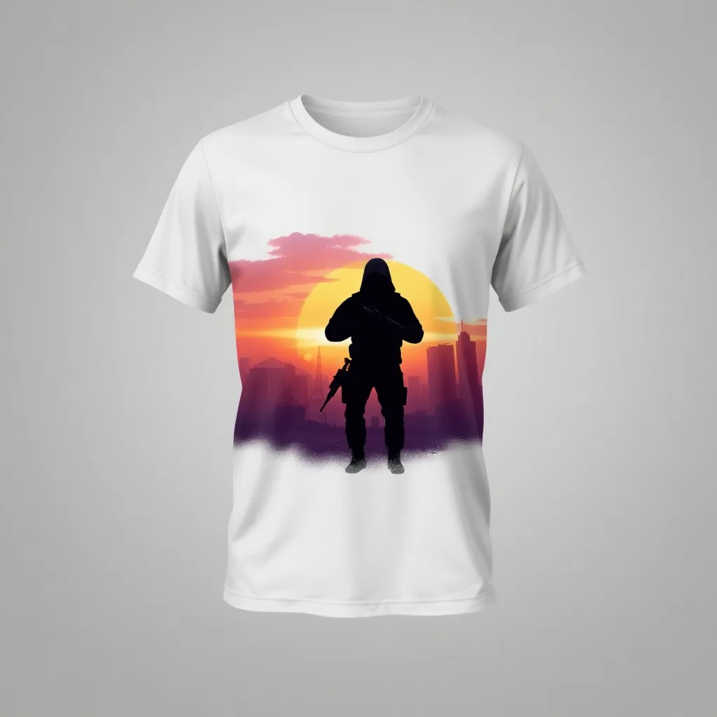 A themed t-shirt with a counter strike print. t-shirt with a silhouette of a lone operator against a backdrop of a desecrated cityscape at dawn, with orange and purple hues lighting up the sky, a t-shirt with short sleeves, static shot, fashion shirt, a shirt set against a solid-colored background, with contrast between background and shirt, on a solid light-gray studio background, realistic shirt concept