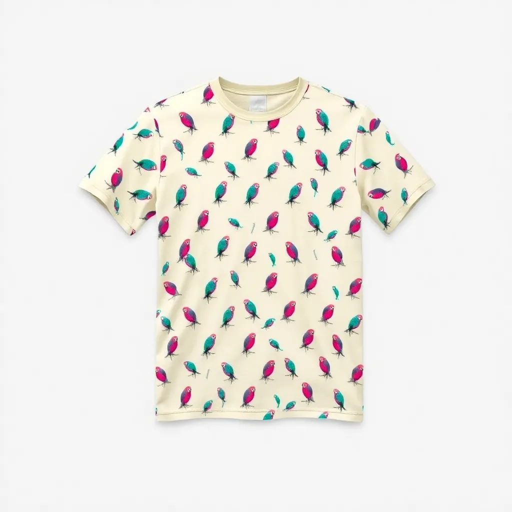 A themed t-shirt with a parrot print. t-shirt with a parrot-themed pattern, with small repeated parrot images in bright colors like teal and magenta on a light cream or beige background, a t-shirt with short sleeves, static shot, fashion shirt, a shirt set against a solid-colored background, with contrast between background and shirt, on a solid light-gray studio background, realistic shirt concept