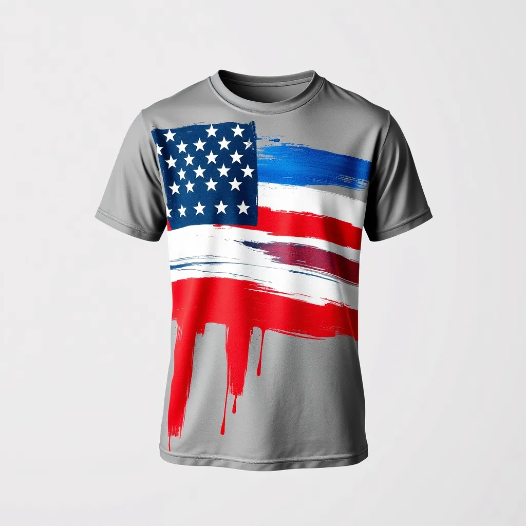 a t-shirt with t-shirt with an artistic interpretation of the USA flag with brush strokes, in vibrant red, white, and blue, set on a gray background for a dynamic and creative touch, a t-shirt with short sleeves, static shot, fashion shirt, a shirt set against a solid-colored background, with contrast between background and shirt, on a solid light-gray studio background, realistic shirt concept