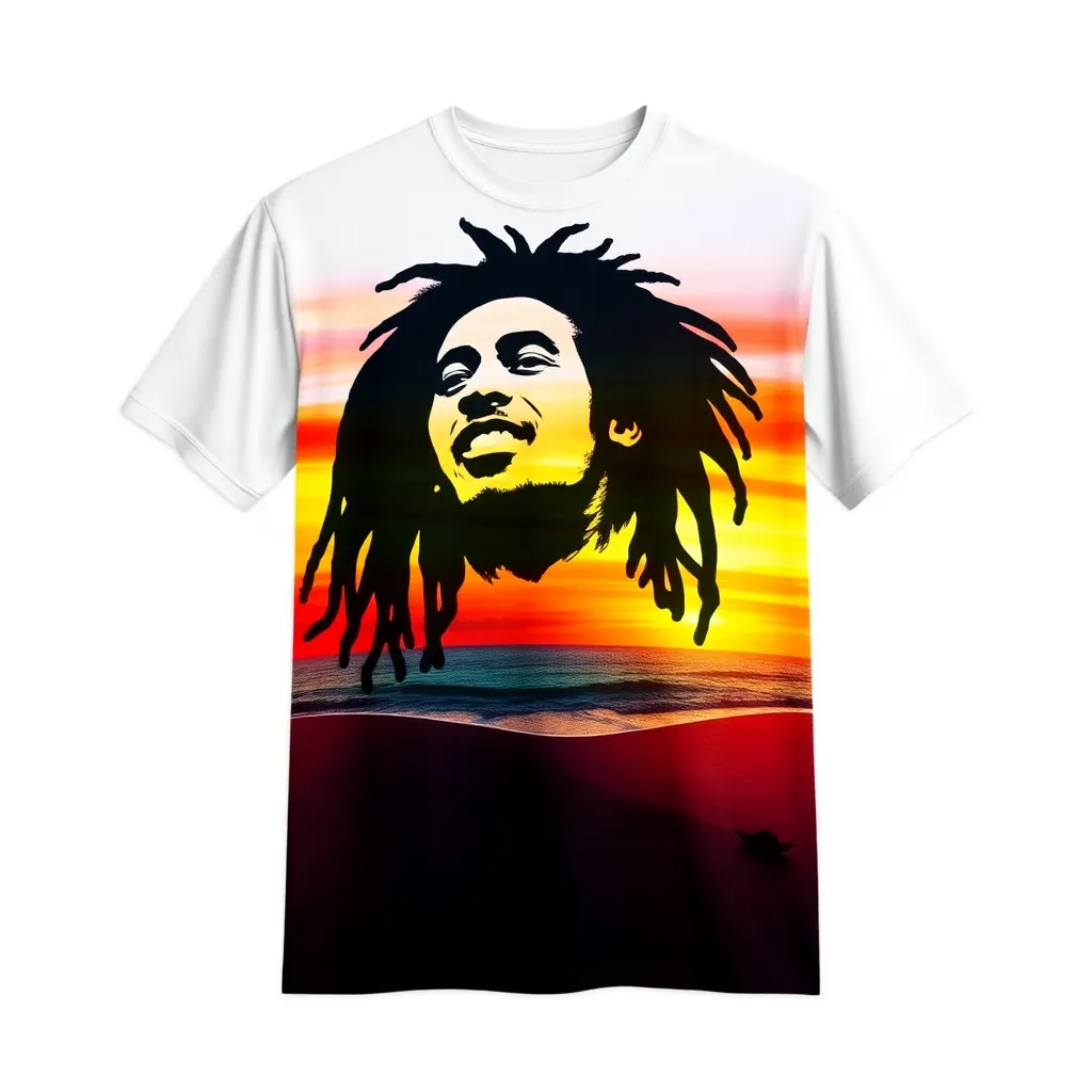 a t-shirt with t-shirt with an artistic design of Bob Marley’s silhouette filled with a vibrant beach scene, capturing the essence of peace and freedom with a relaxed summer palette, a t-shirt with short sleeves, static shot, fashion shirt, a shirt set against a solid-colored background, with contrast between background and shirt, on a solid light-gray studio background, realistic shirt concept